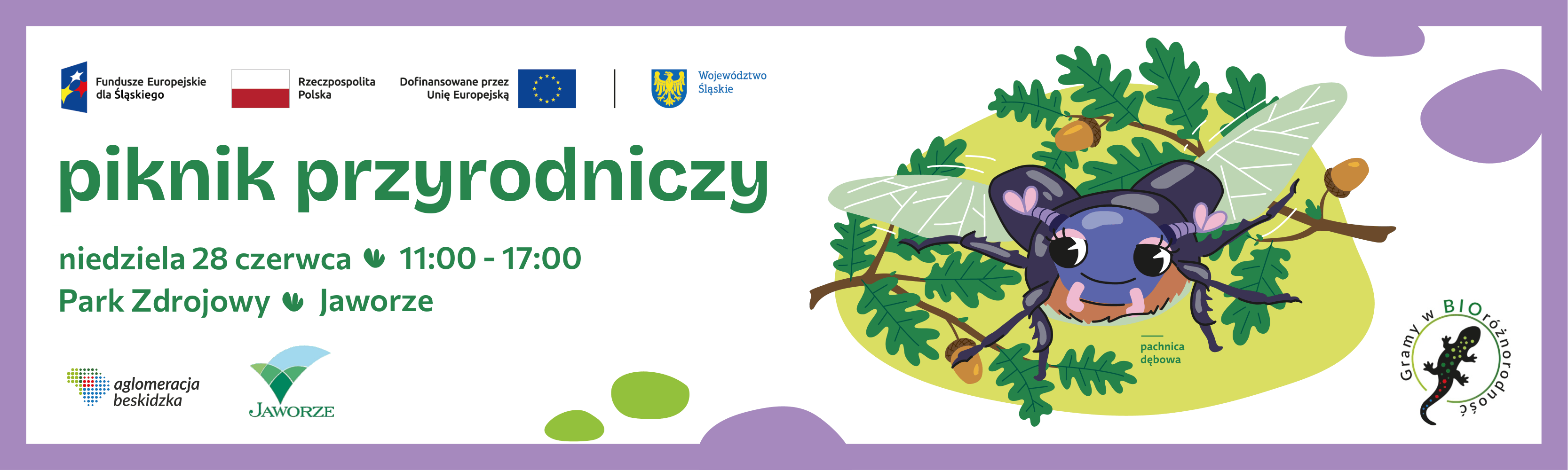Baner Przyrodniczy piknik w Jaworzu w ramach projektu Ochrona i regeneracja obszarów cennych przyrodniczo wraz z działaniami edukacyjnymi na obszarze Aglomeracji Beskidzkiej - ETAP I